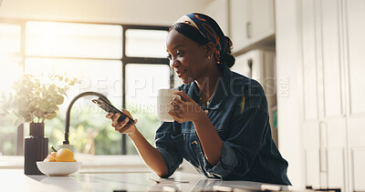 Buy stock photo Smile, woman and coffee with phone in kitchen for online news, social media or app notification. Beverage, black person and happy with smartphone in home for texting, browsing dating site and relax