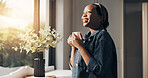 Happy, black woman and thinking with coffee in home for morning, start or daydreaming. Female person, relax and smile with wonder, mug or window for breakfast beverage, drink or caffeine in house