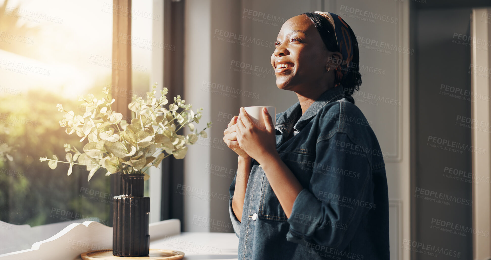 Buy stock photo Happy, black woman or thinking with coffee in home for morning, start or daydreaming. Female person, mindfulness or smile with flare, mug or window reflection for beverage, drink or caffeine in house