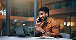 Man, laptop and phone call in office at night for discussion, story source and review article. Journalist, talking and mobile with pc of proofreading reminder, contact client and deadline information