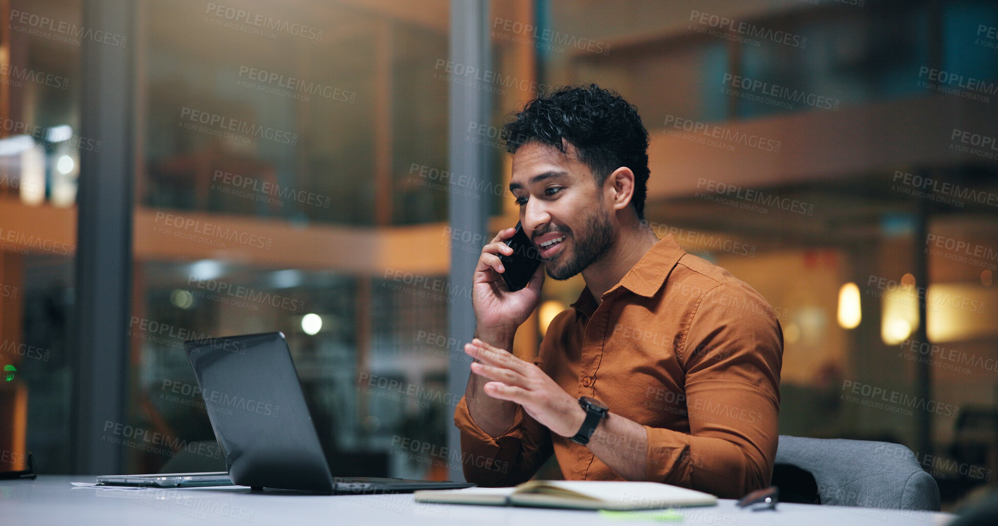 Buy stock photo Man, laptop and phone call in office at night for discussion, story source and review article. Journalist, talking and mobile with PC of proofreading reminder, contact client and deadline information