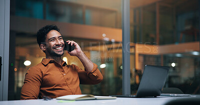 Buy stock photo Happy, man and phone call in office at night for discussion, story source and positive feedback. Journalist, laugh and mobile with laptop for article reminder, contact client and deadline information