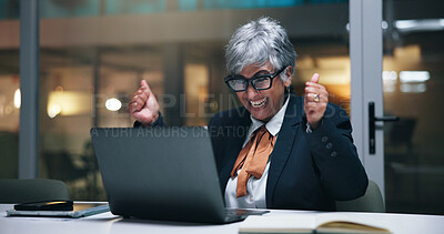 Buy stock photo Success, employee and woman with laptop, night and excited for tax reduction, accountant and online. Working late, bookkeeper or mature person with smile for refund notification, audit or achievement