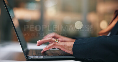 Buy stock photo Lawyer, hands and person with laptop, typing and research for legal project and case notes. Attorney, consultant and overtime with tech, feedback email and night with review for business report