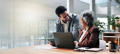 Buy stock photo Discussion, laptop and manager with man in office for feedback, advice or review on project. Space, conversation and mentor with creative writer with tech for article publishing at workplace flare