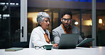 Team, laptop and planning with business people at night for help, compliance feedback or idea. Computer, mentor or training on overtime for review, policy development or meeting in office with tablet