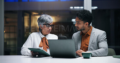 Buy stock photo Team, laptop and discussion with business people at night for help, compliance feedback or idea. Computer, mentor and training on overtime for proposal, policy review or meeting in office with tablet
