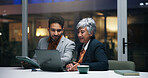 Night, man and woman with laptop, office or discussion for project, financial analysis and teamwork. Collaboration, colleagues and people with tech for annual report, accountant and working late
