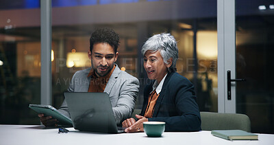 Buy stock photo Night, man and woman with laptop, office or discussion for project, financial analysis and teamwork. Collaboration, colleagues and people with tech for annual report, accountant and working late
