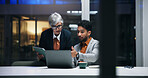 Night, laptop and team training with business people for help, compliance feedback or advice. Computer, mentor or coaching on overtime for project, policy development or meeting with tablet in office