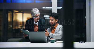 Buy stock photo Night, laptop and team training with business people for help, compliance feedback or advice. Computer, mentor or coaching on overtime for project, policy development or meeting with tablet in office