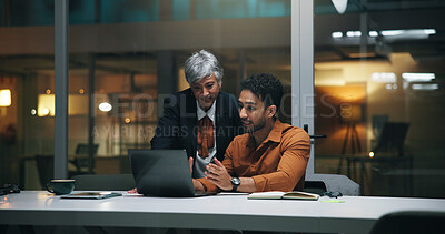 Buy stock photo Coaching, laptop and team with business people at night for help, compliance or advice. Computer, happy manager and training on overtime for project, policy development or work improvement in office
