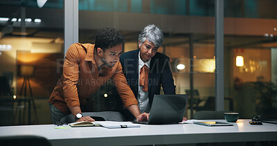 Buy stock photo Night, laptop and collaboration with business people for help, compliance feedback or advice. Computer, mentor and coaching team on overtime for project, policy review or plan with manager in office