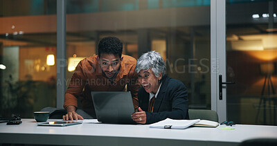 Buy stock photo Excited, team and people with laptop, office or celebration for ad campaign success, happy at night. Marketing manager, woman and working late with man, achievement and smile for engagement on web