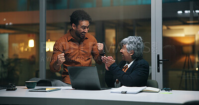 Buy stock photo Happy, business people or night with celebration or laptop for winning or team success in office. Businessman, woman and employees with applause or technology for achievement or project deadline