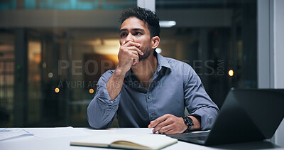 Buy stock photo Business man, laptop and thinking with stress for auditing mistake, compliance risk or pressure. Accountant, night and paperwork in office for tax preparation, financial error or worry for bankruptcy