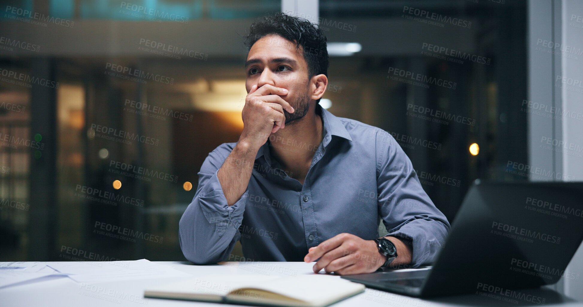 Buy stock photo Business man, laptop and thinking with stress for auditing mistake, compliance risk or pressure. Accountant, night and paperwork in office for tax preparation, financial error or worry for bankruptcy