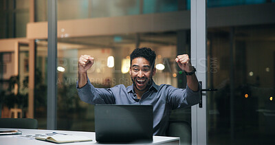 Buy stock photo Happy, businessman and night with laptop for winning, promotion bonus or success in office. Excited, man or employee working late with fist pump on computer for achievement or good news in workplace