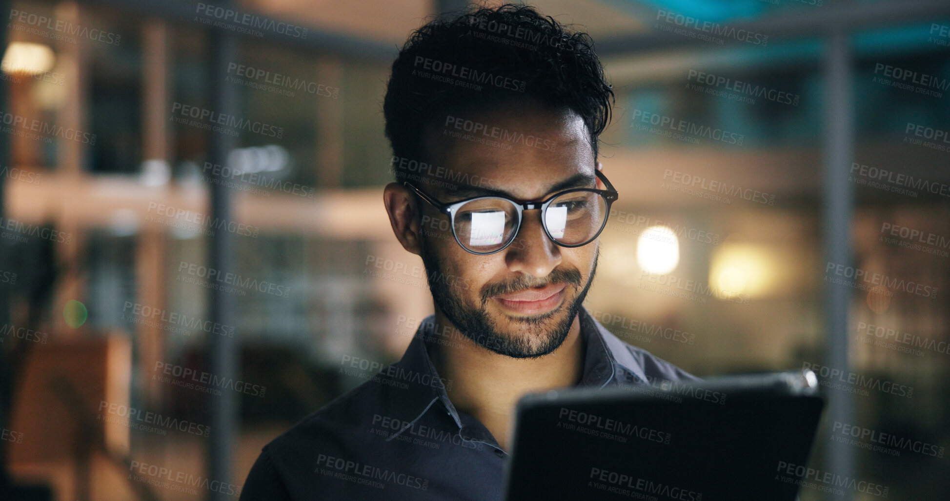 Buy stock photo Businessman, night and research with tablet in office for business network, connection or app. Man, employee or developer working late with technology for deadline, UI testing or UX in workplace