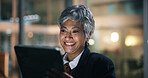Lawyer, smile and woman with tablet , research and planning for legal project and case notes. Mature attorney, consultant and overtime with good news, feedback and night with idea for business