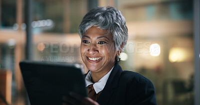 Buy stock photo Lawyer, smile and woman with tablet, research and planning for legal project and case notes. Mature attorney, consultant and overtime with good news, feedback and night with idea for business