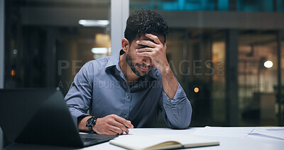 Buy stock photo Business, man and stress with laptop in office for auditing mistake, compliance risk and deadline. Accountant, overtime and paperwork at night for tax preparation, financial records error and crisis