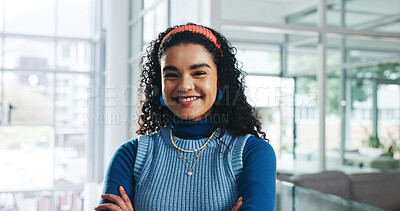 Buy stock photo Crossed arms, happy and portrait of business woman for writer career, opportunity and internship. Creative agency, publishing and confident person with pride for copywriting, editing and journalism