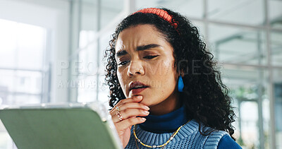 Buy stock photo Design, problem solving and tablet with business woman in office for decision, ideas or thinking. App, planning and solution with designer in creative workplace for brainstorming or online research