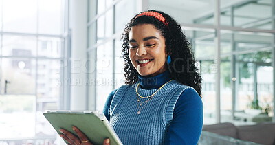 Buy stock photo Design, research and tablet with happy woman in office for planning or web development. App, smile and solution with business employee in designer workplace for feedback, online review or update