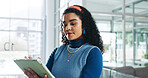 Business, research and tablet with woman designer in office for planning or web development. App, email and internet with confident design employee in workplace for feedback, online review or update