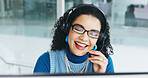Smile, woman and computer with mic at call centre for customer service, client inquiry and crm. Female agent, headset and pc for consultation, telecom faq and information survey of feedback procedure