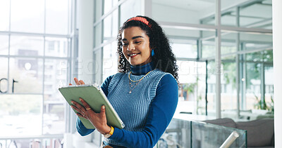 Buy stock photo Business, research and tablet with designer woman in office for planning or web development. App, smile and solution with happy design employee in workplace for feedback, online review or update