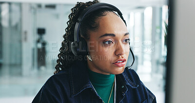 Buy stock photo Woman, talk and headset with computer at call centre for CRM, help client and customer support. Advisor, mic and desktop for consultation, inquiry advice and online information of assistance guidance