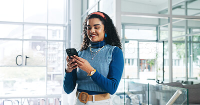 Buy stock photo Happy, woman and reading with phone in office for research, proofreading and review article. Smile, female journalist and mobile for chat, contact editor and source check for publication notification