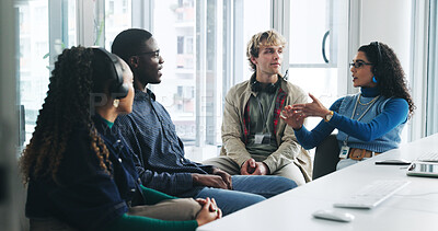 Buy stock photo Teamwork, office and business people at call center for training, collaboration and IT support. Startup agency, customer service and workers in discussion for onboarding, learning and crm workshop