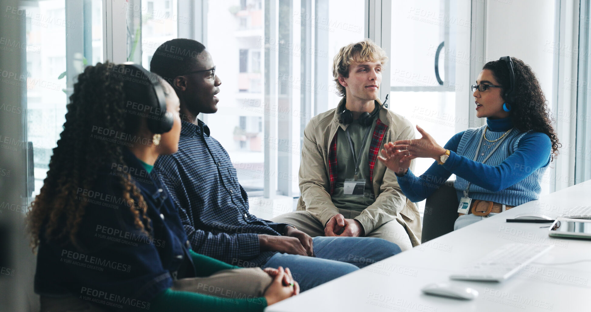 Buy stock photo Teamwork, office and business people at call center for training, collaboration and IT support. Startup agency, customer service and workers in discussion for onboarding, learning and crm workshop
