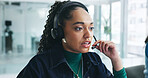 Woman, talking and mic in office at call centre for crm, help client and customer support. Advisor, headset and listening to consultation, inquiry advice and online information of assistance guidance