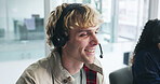 Smile, man and mic with headset at call centre for customer service, client inquiry and crm. Happy, male advisor and coworking with pc for help, telecom faq and information survey of online procedure