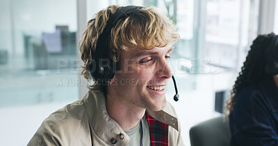 Buy stock photo Smile, man and mic with headset at call centre for customer service, client inquiry and crm. Happy, male advisor and coworking with pc for help, telecom faq and information survey of online procedure