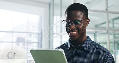 Buy stock photo Black man, tablet and happy at office, startup and reading report for proposal, review and good news. African person, tech and smile with app, feedback or notification for deal at creative agency