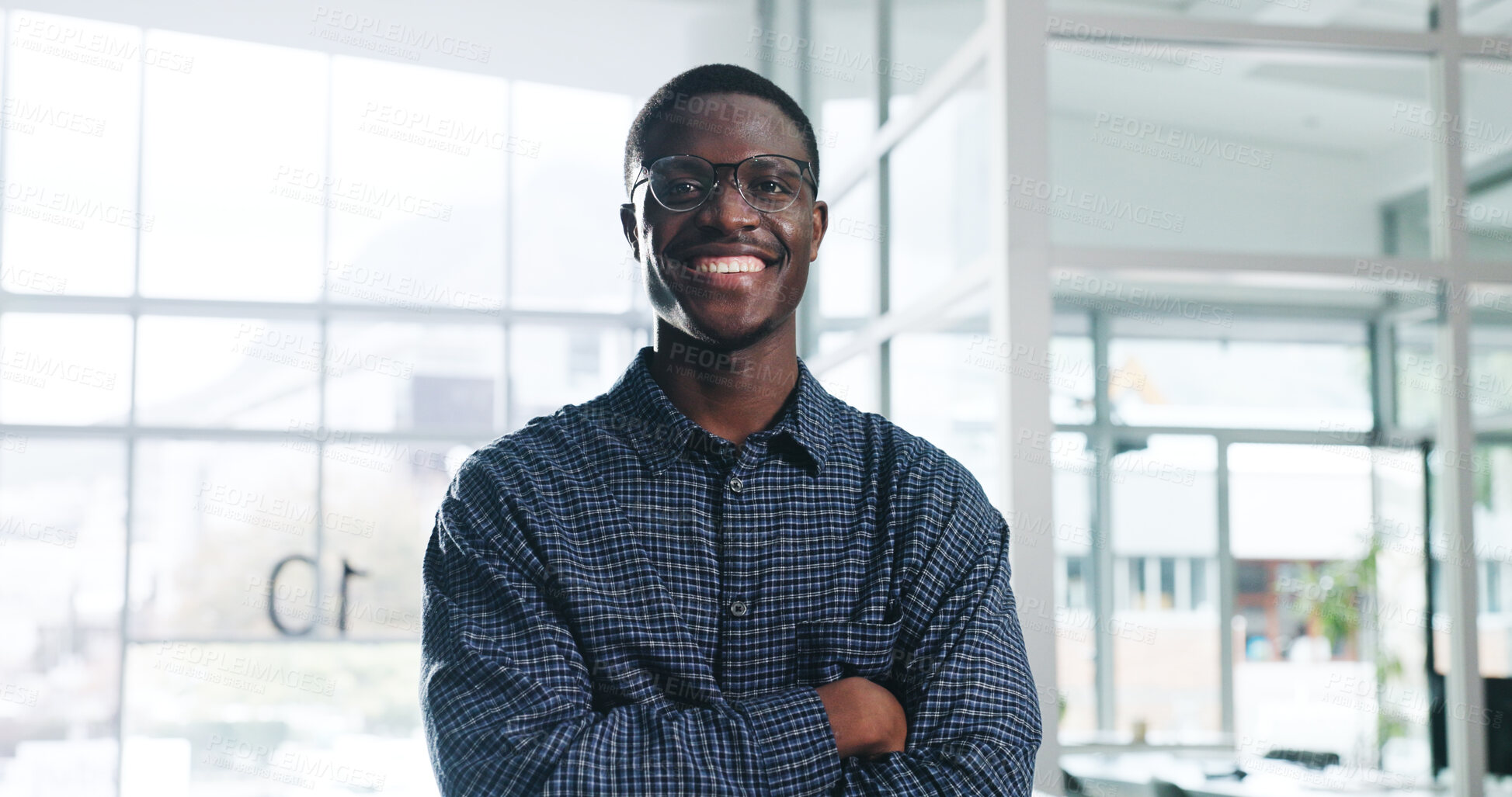 Buy stock photo Portrait, business and black man with arms crossed, smile and confident personality with news reporter. African person, professional and journalist in office, pride and career ambition with editor