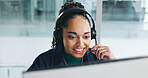 Happy, woman and computer with headset at call centre for customer service, client inquiry and crm. Smile, female agent and pc for consulting, telecom faq and information survey of feedback procedure