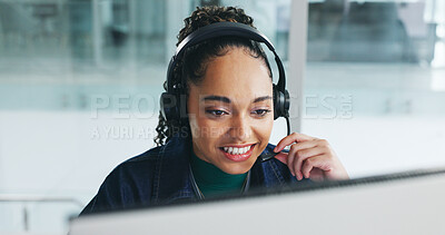Buy stock photo Happy, woman and computer with headset at call centre for customer service, client inquiry and crm. Smile, female agent and pc for consulting, telecom faq and information survey of feedback procedure