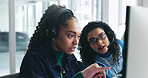 Teamwork, computer or women with advice in call center for training question, online system or help. Telemarketing, coworking and trainee pointing to tech for sales assistance, lead generation or FAQ