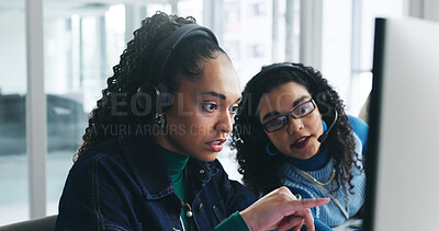 Buy stock photo Teamwork, computer or women with advice in call center for training question, online system or help. Telemarketing, coworking and trainee pointing to tech for sales assistance, lead generation or FAQ