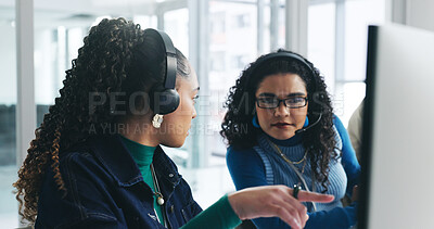 Buy stock photo Teamwork, computer and women with help in call center for product knowledge, online system and CRM. Telemarketing, trainee and agent pointing to tech for sales assistance, order processing or support