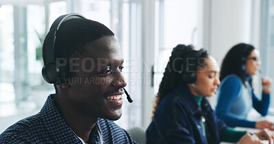 Buy stock photo Call center, happy and man with headset, talking or consultation for sales, tech or lead generation. Telemarketing, coworkers and person with mic for communication, consultant and chat with contact