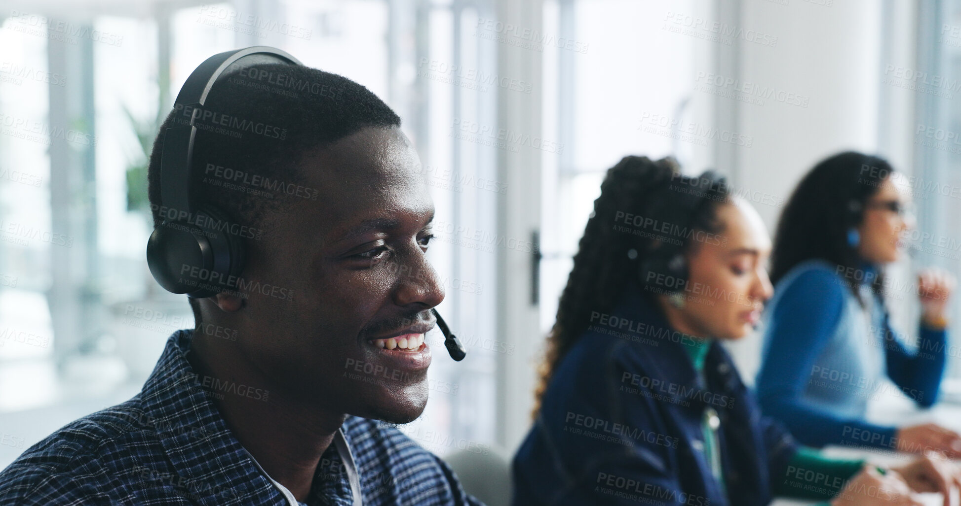 Buy stock photo Call center, happy and man with headset, talking or consultation for sales, tech or lead generation. Telemarketing, coworkers and person with mic for communication, consultant and chat with contact