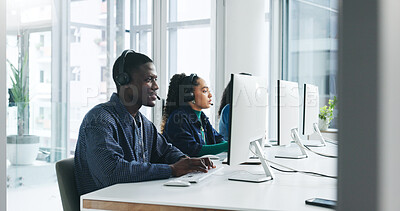 Buy stock photo Man, headset and typing on computer at call centre for CRM, help client and customer support. Agent, coworking and PC for consultation chat, inquiry advice and online information for telecom guidance