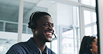 Smile, man and computer with headset at call centre for customer service, client inquiry and crm. Happy, advisor and coworking with pc for help, telecom faq and information survey of online procedure